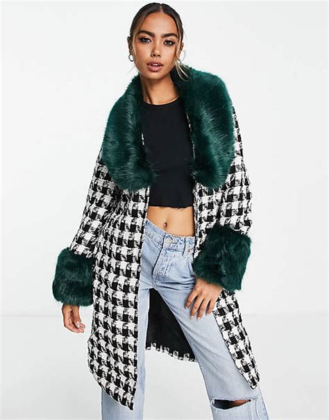 Miss Selfridge Boucle Faux Fur Collar And Cuff Wrap Coat In Mono Check