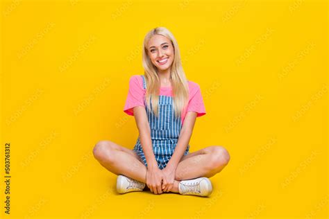 Full Size Photo Of Lovely Satisfied Girl Sit Floor Crossed Legs Toothy