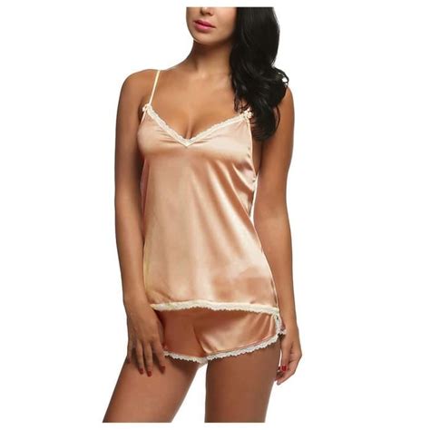 Femmes Sexy Lingerie V Tements De Nuit Satin Soie Babydoll Lace Up Nightwear Pyjama Set L