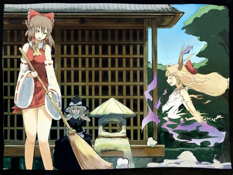 Blonde Hair Brown Hair Dress Hakurei Reimu Hat Horns Ibuki Suika Japanese Clothes Kirisame