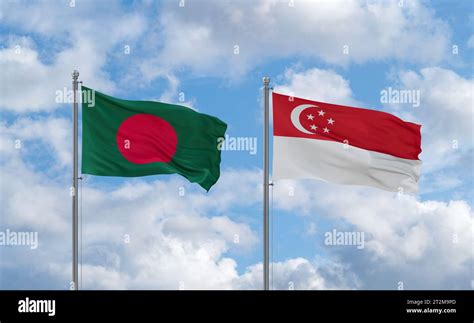 Republic Of Singapore And Bangladesh Flags Waving Together In The Wind