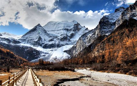 Mountains clouds landscapes nature snow trees skies snowy mountains ...