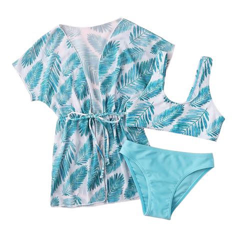 Povozer Girl S 3 Piece Bikini Set Bathing Suits With Skirt Girls Swimsuits Sky Blue 6 7Y