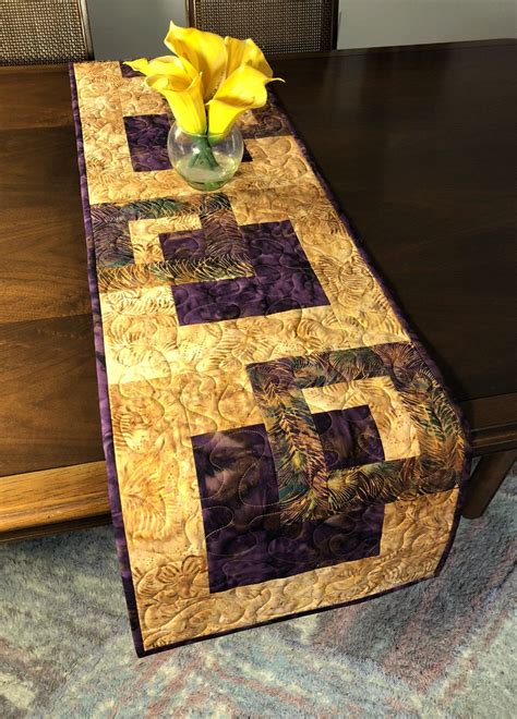 Plum And Gold Quilted Tablerunner Modern Batik Table Runner Handmade Wallhanging Reversible