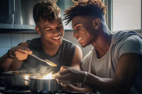 Feliz Y Sexy Pareja Gay Joven Cocinando Comida Juntos En Casa Foto Premium
