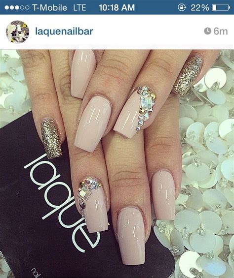 Square Shaped Nails Nude Color With Gold Bling Nails Trendy Nails Nails