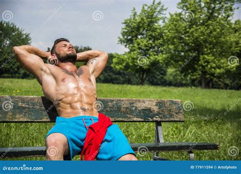 Muscular Shirtless Hunk Man Outdoor In City Park Stock Photo Image Of Naked Outdoor