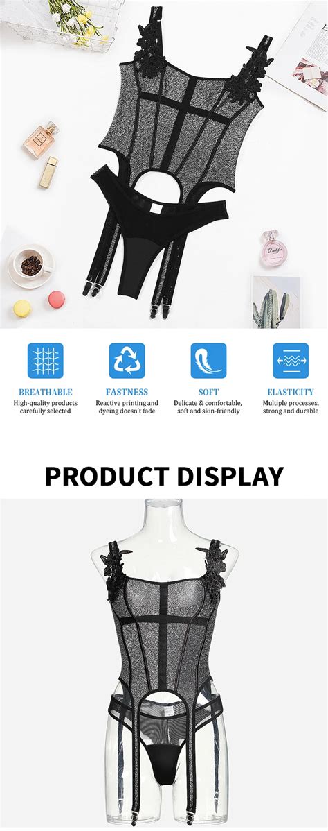 Women Sexy Nightclub Lingerie Set Hot Femme Water Soluble Flower Straps Highlights Silver