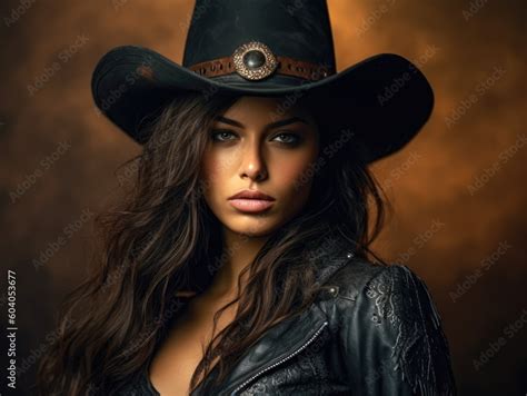 Hot Sexy Cowgirl In Cowboy Hat And Leather Pants Wild West Generative Ai Stock Illustration