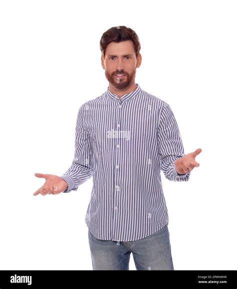 Handsome Man Gesturing On White Background Weather Forecast Reporter