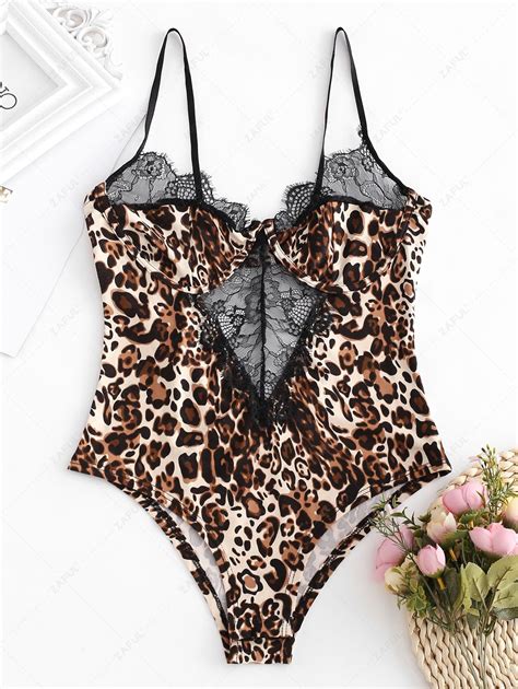 OFF Lace Panel Leopard Print Lingerie Teddy In BLACK ZAFUL