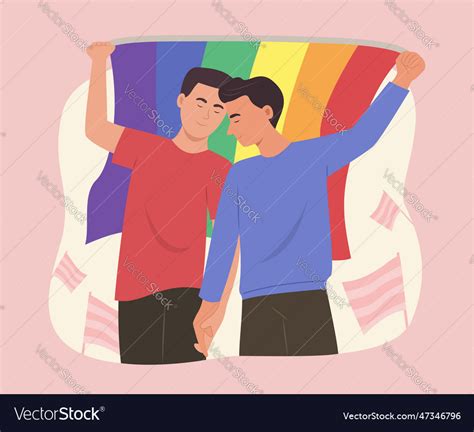 Gay Couple Holding Rainbow Flag For Pride Concept Vector Image