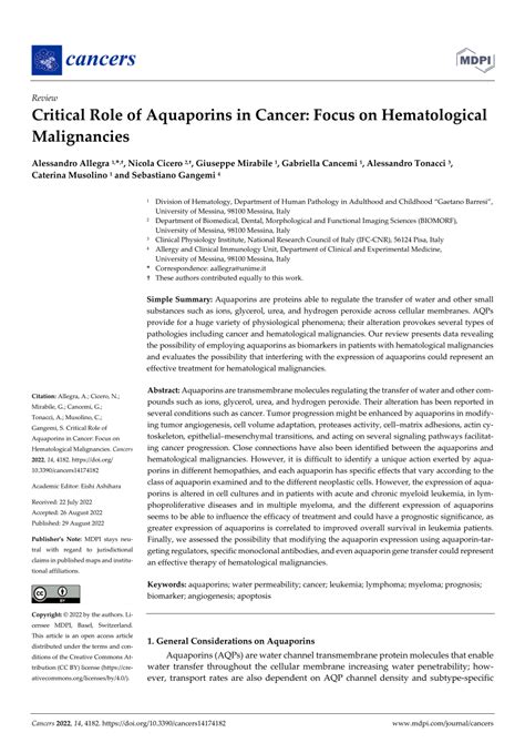 PDF Critical Role Of Aquaporins In Cancer Focus On Hematological