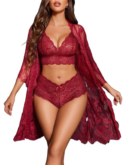 Sexyfree Women Sexy Lingerie Set Piece Lace Kimono Robe With Bra And Panty Sheer Sleepwear