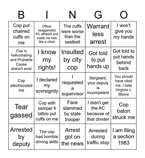 American Arrest Bingo Card