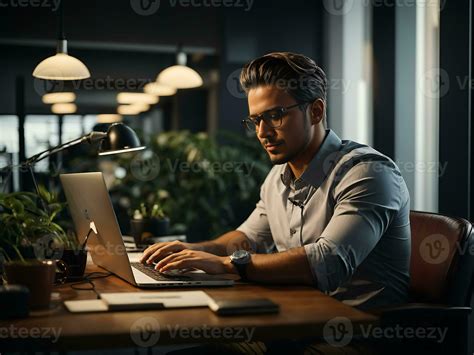Mature Male Entrepreneur Using Laptop And Thinking Looking Aside While Sitting At Workplace In