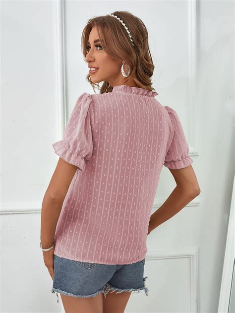 Shein Vcay Blusa De Lunares De Manga Farol Fruncido Cuello De Gasa