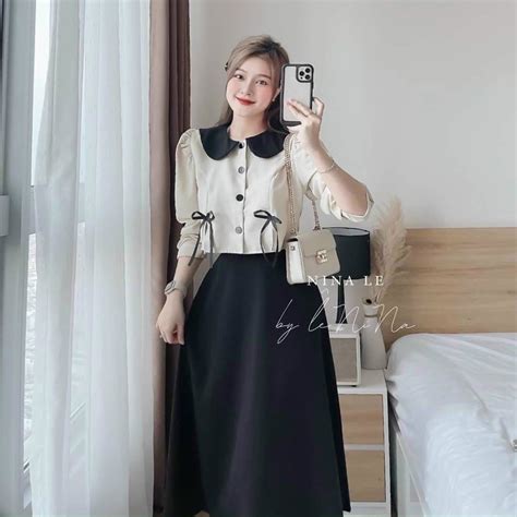 Chân váy xòe màu đen kèm áo tay dài phối bèo cổ nude kiểu đầm váy dự tiệc vải dày dặn thời trang