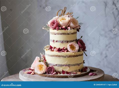 A Beautiful Naked Cake With Buttercream Flowers And Rose Petals On Top Stock Illustration