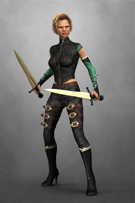 Beautiful Urban Fantasy Woman Wearing Leather And Holding Two Swords