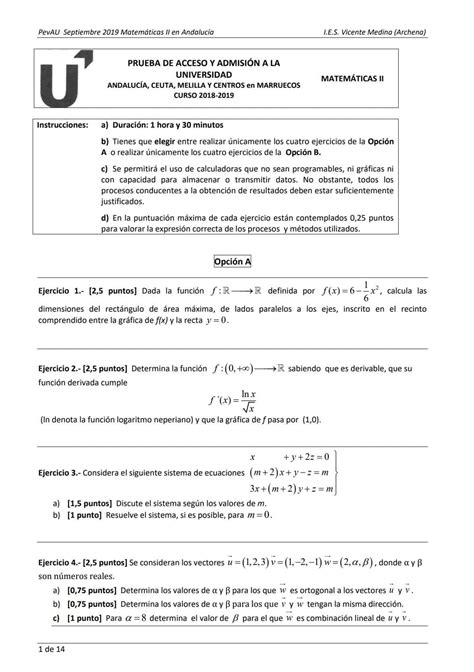 PevAU Matemáticas Andalucía Exámenes y Soluciones 2024