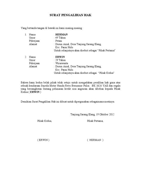 Contoh Surat Pengalihan Hak Atas Sebidang Tanah Kumpulan Surat Penting