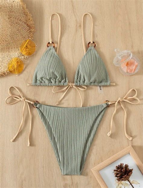 Sage Green Triangle Tie Side Bikini Women S Fashion Swimwear Bikinis Swimsuits On Carousell