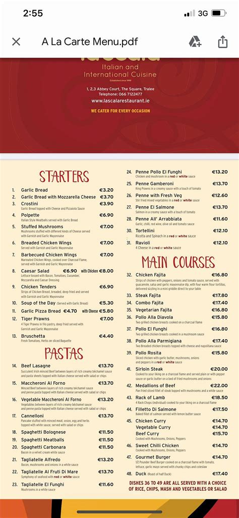 Menu at La Scala Restaurant, Tralee