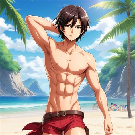 Mikasa Ackerman On Beach In Black Bikini With Eren Yeager In Shorts Prompts Stable Diffusion