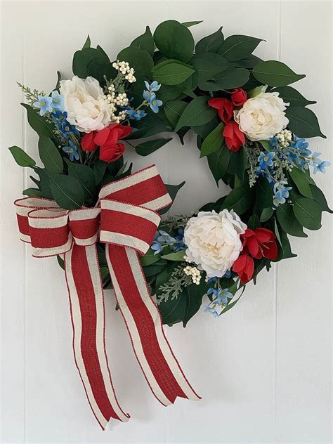 Red White And Blue Door Wreath For Summer 4th Of July Etsy