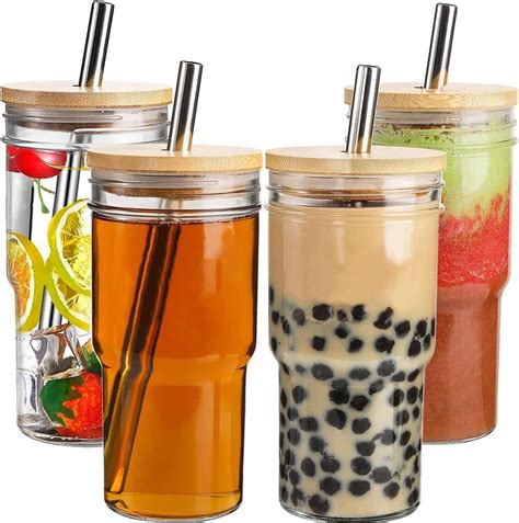 Glass Tumbler Cups With Bamboo Lids And Straws22oz Iced Coffee Cups