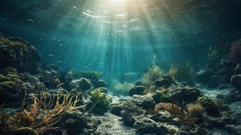 Una escena submarina con rayos de sol brillando en el fondo del océano