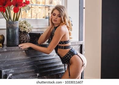 Lovely Girl Sexy Blonde Lingerie Posing Stock Photo