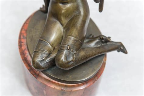Art Deco Bronze Group Of A Nude Woman Holding A Parrot Red Marble Base