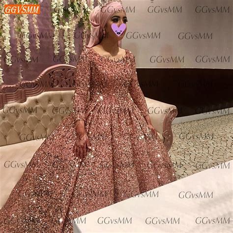 Muslim Pink Prom Dresses Long Sleeves Lace Up Sequines Ball Gown Dubai