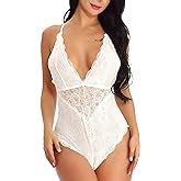 EVELIFE Women Sexy Lingerie Lace One Piece Teddy Deep V Bodysuit Snap