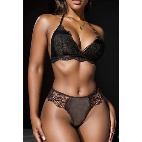 Hot Woman Sexy Lace Mesh Black Lingeries Sexy Bikini Two Piece Set Bra And Thongs Sets Lingerie