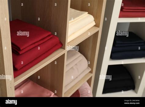 Different Colorful Bed Linens On Display In Home Textiles Store Stock