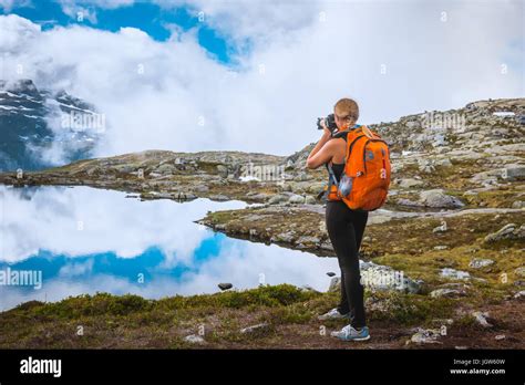 Nature Photographer Tourist Near Norway Lake Stock Photo Alamy