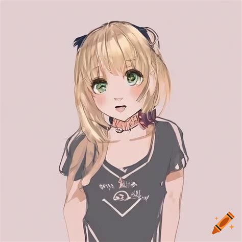 Anime Girl With Blonde Hair And Green Eyes In A Light Pink Sleeveless T Shirt On Craiyon