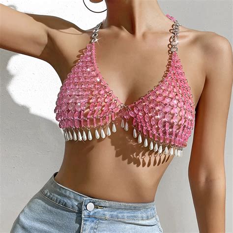 Pearl Tassels Acrylic Stones Halter Neck Sexy Beach Bikini Chest Body Jewelry Pink Drip Bra Body