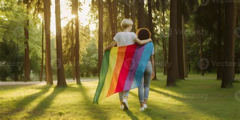 Two Lesbian Girls Wrapped In Rainbow Flag Concept Of LGBT Pride AI Generated 25481510 Stock