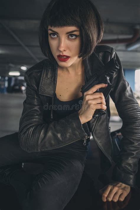 Beautiful Brunette Spy Agent Killer Or Police Woman In Leather Jacket