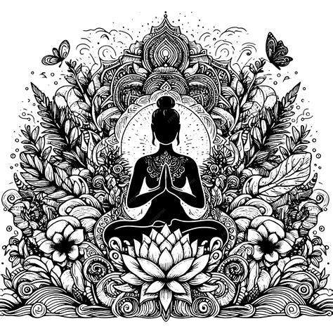 buddha  meditation pose  tree  birds  black  white vector