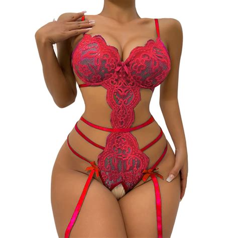 Lingerie For Women Snap Crotch Lingerie Lace Bodysuit Deep V Teddy Lace