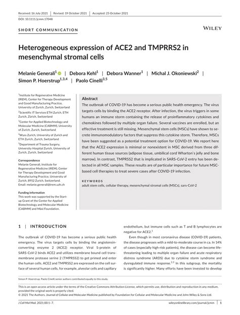 PDF Heterogeneous Expression Of ACE2 And TMPRRS2 In Mesenchymal