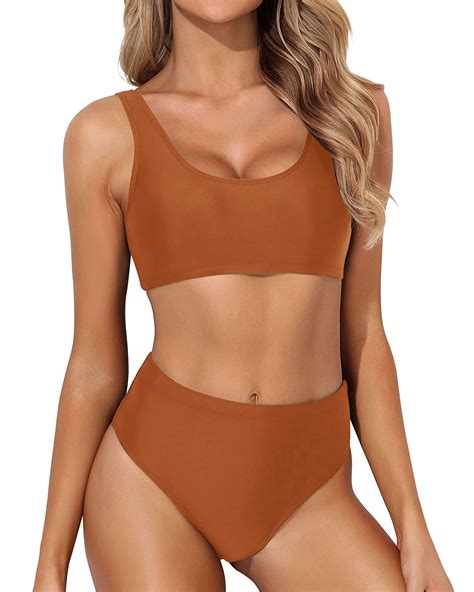 Tempt Me Women Two Piece Scoop Neck Bikini Crop Top High Cut Swimsuit Sporty High Waisted