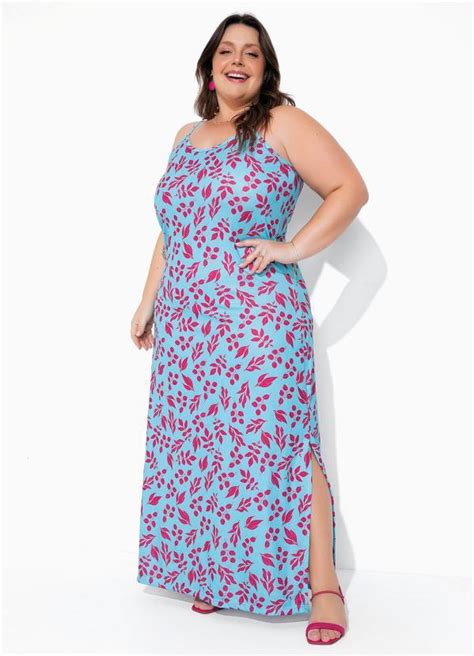 Vestido Longo Fendas Plus Size Folhas Azul Marguerite