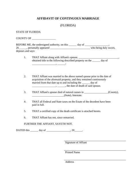 Florida Affidavit Of Continuous Marriage Deceased Spouse Fill Out