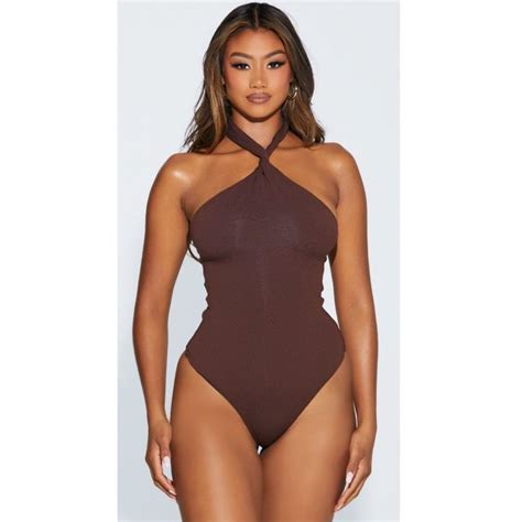Naked Wardrobe Chocolate Twist Neck Sleeveless Double Layer Stretchy Bodysuit Long Sleeve